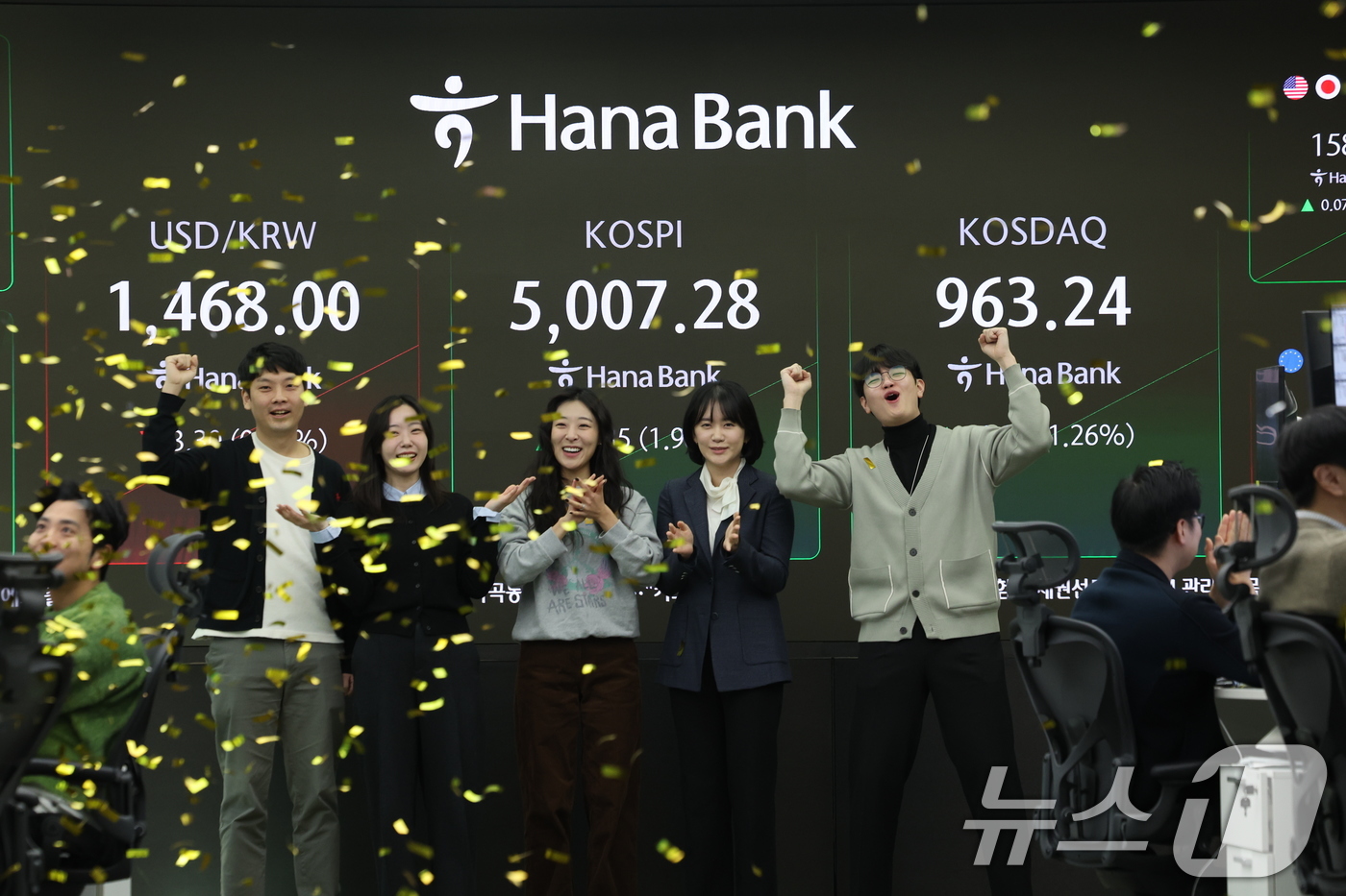 (서울=뉴스1) 박지혜 기자 = 22일 오전 서울 중구 하나은행 본점 딜링룸 현황판에 코스피 지수가 장중 5000p를 넘으며 시작하고 있다. 2026.1.22/뉴스1