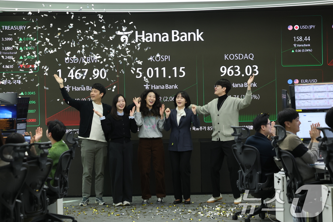 (서울=뉴스1) 박지혜 기자 = 22일 오전 서울 중구 하나은행 본점 딜링룸 현황판에 코스피 지수가 장중 5000p를 넘으며 시작하고 있다. 2026.1.22/뉴스1