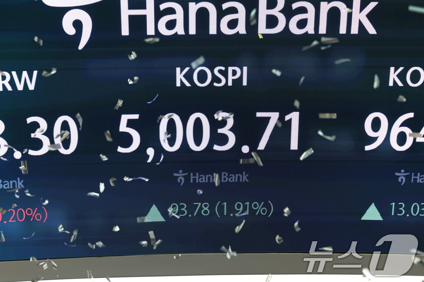 본문 이미지 - 22일 오전 서울 중구 하나은행 본점 딜링룸 현황판에 코스피 지수가 장중 5000p를 넘으며 시작하고 있다. 2026.1.22/뉴스1 ⓒ News1 최지환 기자