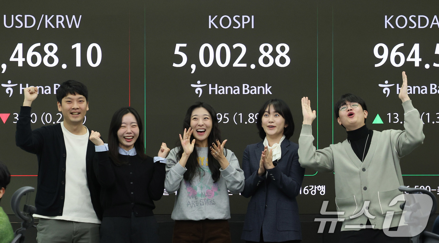 (서울=뉴스1) 박지혜 기자 = 22일 오전 서울 중구 하나은행 본점 딜링룸 현황판에 코스피 지수가 장중 5000p를 넘으며 개장하고 있다. 2026.1.22/뉴스1