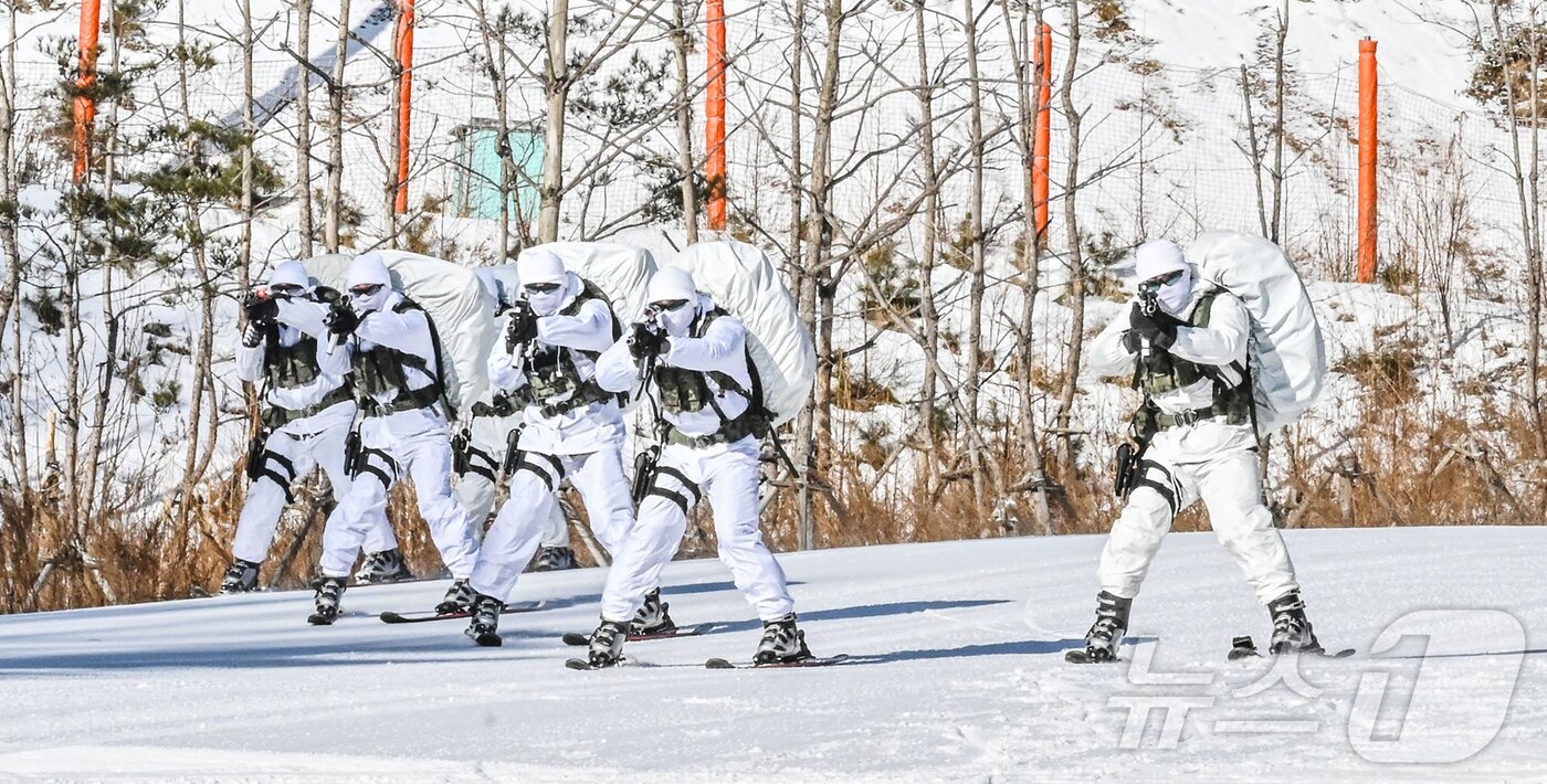 본문 이미지 - 육군 특전사는 지난 1월부터 오는 2월까지 부대별 11박 12일 일정으로 강원도 대관령 황병산 일대 동계훈련장에서 ‘설한지 극복훈련’을 실시하고 있다고 22일 밝혔다. 사진은 육군 특전사 장병들이 설한지 극복훈련 간 스키를 활용한 전술기동을 실시하고 있는 모습. (육군 제공. 재판매 및 DB 금지) 2026.1.22/뉴스1