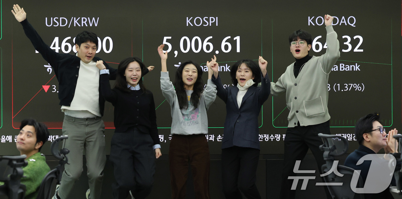 (서울=뉴스1) 박지혜 기자 = 22일 오전 서울 중구 하나은행 본점 딜링룸 현황판에 코스피 지수가 장중 5000p를 넘으며 개장하자 직원들이 환호하고 있다. 2026.1.22/뉴 …