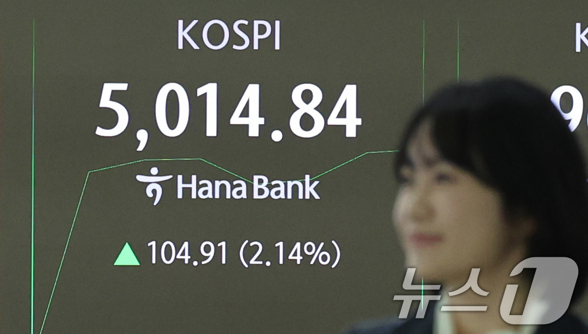 (서울=뉴스1) 박지혜 기자 = 22일 오전 서울 중구 하나은행 본점 딜링룸 현황판에 코스피 지수가 장중 5000p를 넘으며 개장하고 있다. 2026.1.22/뉴스1