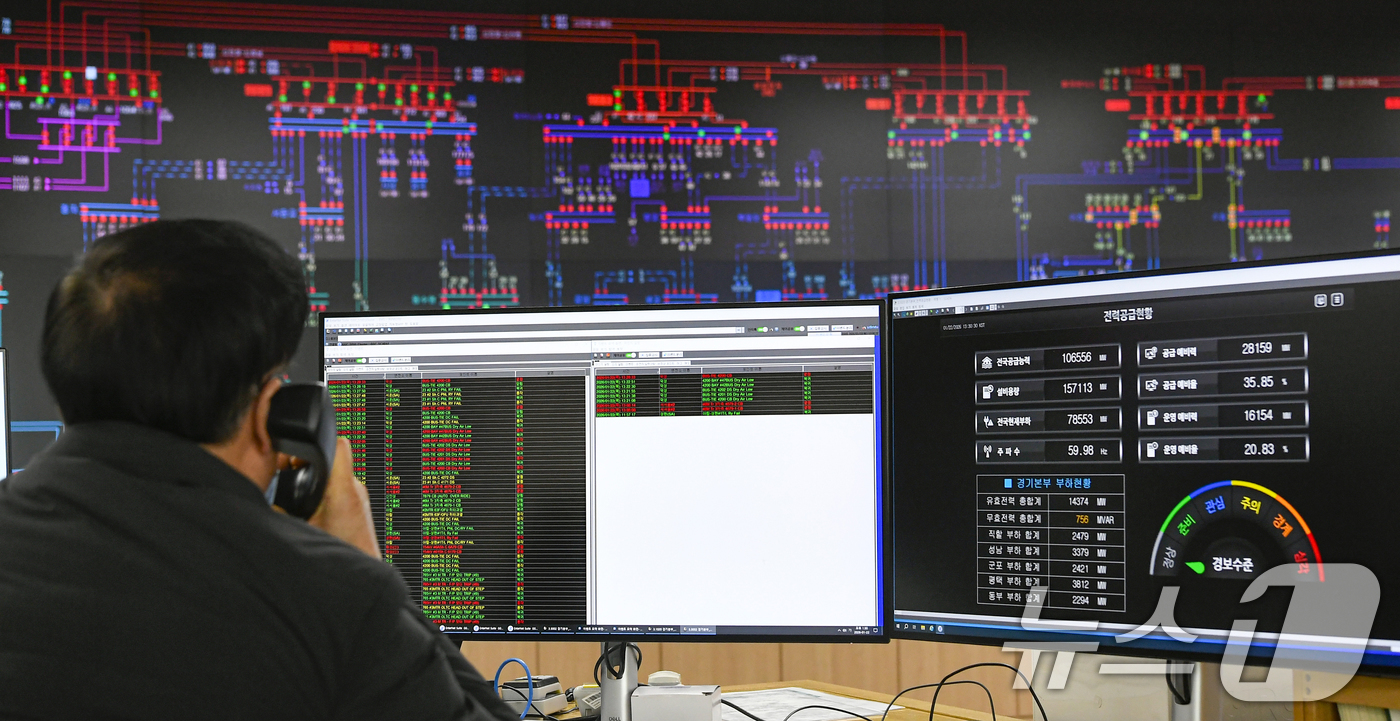 (수원=뉴스1) 김영운 기자 = 강력한 한파로 인해 전력 수요가 급증하고 있는 22일 경기 수원시 영통구 한국전력공사 경기지역본부 전력관리처 계통운영센터에서 관계자들이 실시간으로 …