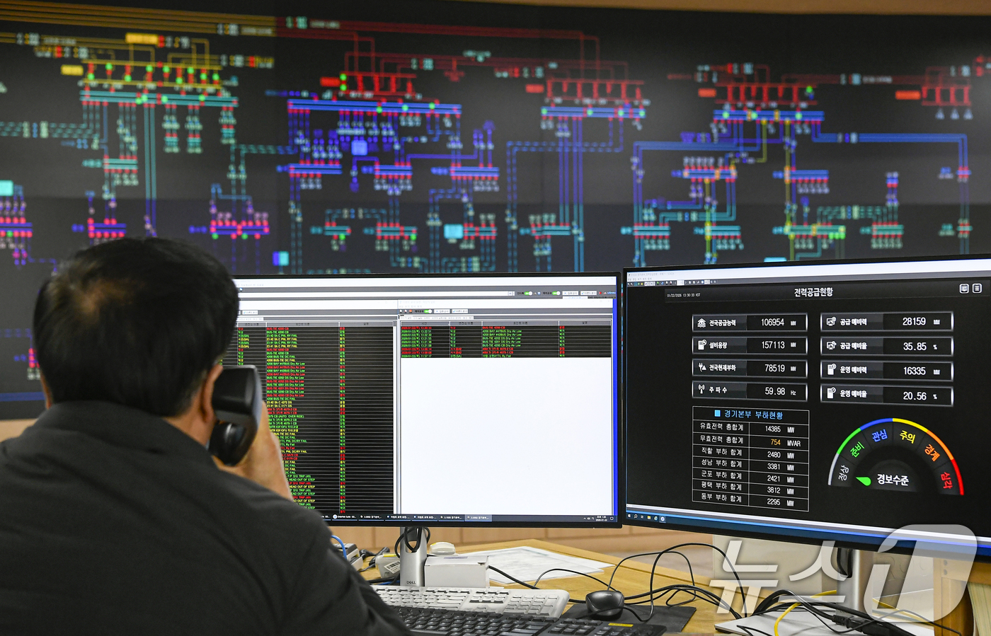 (수원=뉴스1) 김영운 기자 = 강력한 한파로 인해 전력 수요가 급증하고 있는 22일 경기 수원시 영통구 한국전력공사 경기지역본부 전력관리처 계통운영센터에서 관계자들이 실시간으로 …