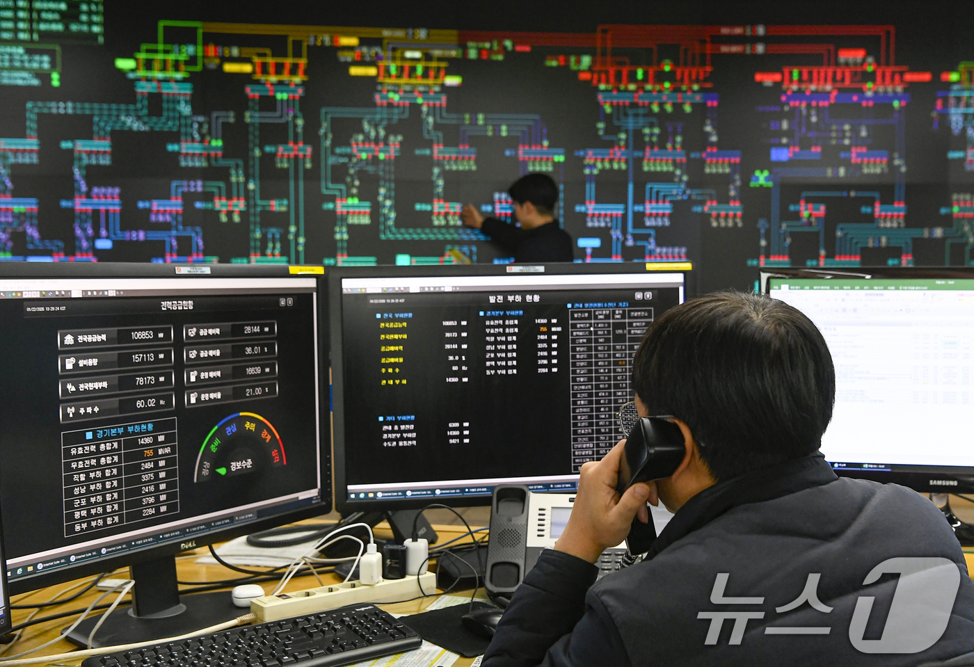 (수원=뉴스1) 김영운 기자 = 강력한 한파로 인해 전력 수요가 급증하고 있는 22일 경기 수원시 영통구 한국전력공사 경기지역본부 전력관리처 계통운영센터에서 관계자들이 실시간으로 …