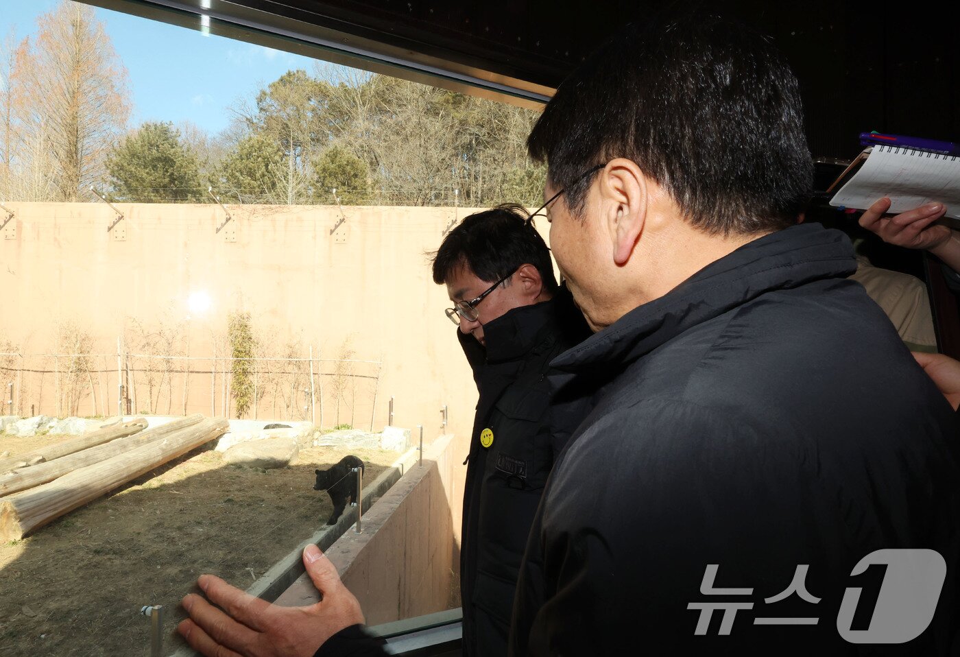 본문 이미지 - 22일 광주 북구 생용동 우치공원 동물원에서 김성환 기후에너지환경부 장관이 강기정 시장에게 판다 수용 여건에 대한 설명을 들으며 곰을 바라보고 있다. ⓒ News1 박지현 기자