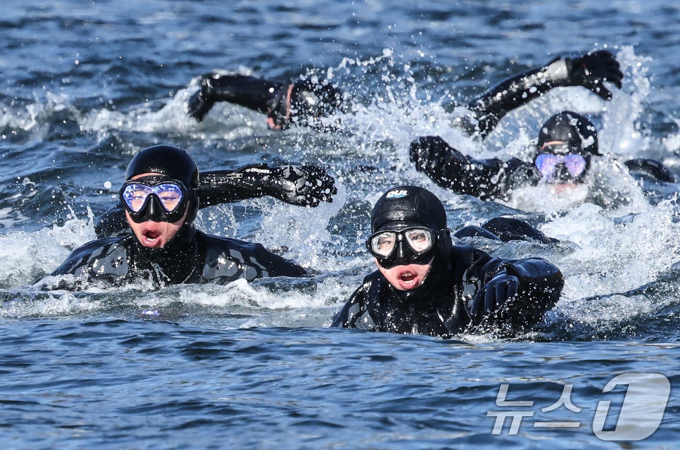 본문 이미지 - 전국적으로 맹추위가 기승을 부린 22일 경남 창원 진해 군항에서 열린 혹한기 내한훈련에서 해군 심해잠수사(SSU)들이 오리발 수영을 하고 있다. (공동취재) 2026.1.22/뉴스1 ⓒ News1 윤일지 기자