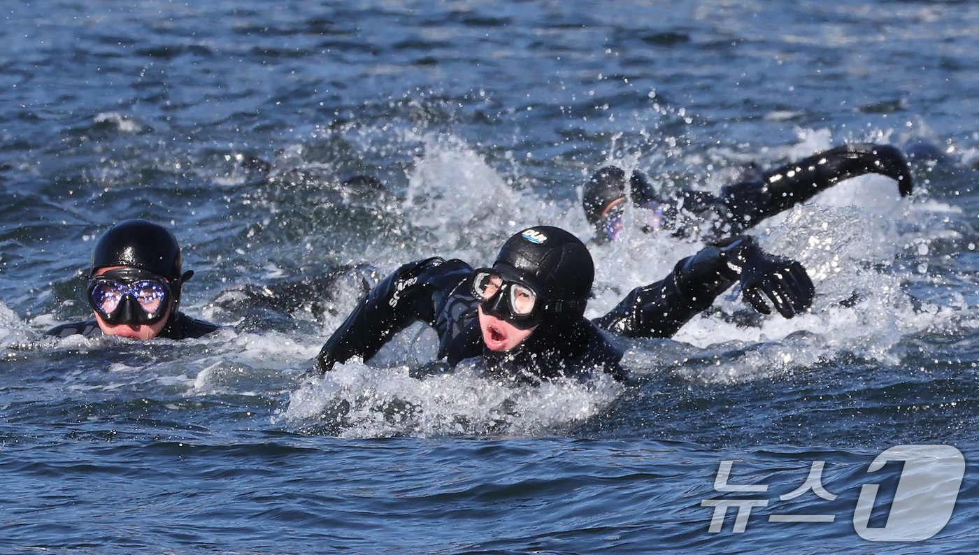 (창원=뉴스1) 윤일지 기자 = 전국적으로 맹추위가 기승을 부린 22일 경남 창원 진해 군항에서 열린 혹한기 내한훈련에서 해군 심해잠수사(SSU)들이 오리발 수영을 하고 있다. ( …