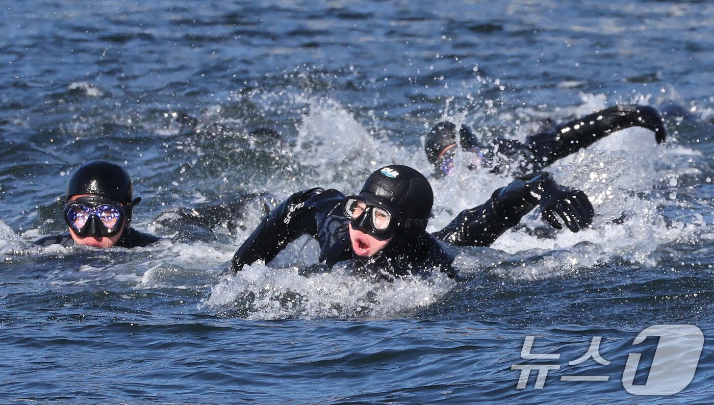 본문 이미지 - 전국적으로 맹추위가 기승을 부린 22일 경남 창원 진해 군항에서 열린 혹한기 내한훈련에서 해군 심해잠수사(SSU)들이 오리발 수영을 하고 있다. (공동취재) 2026.1.22/뉴스1 ⓒ News1 윤일지 기자