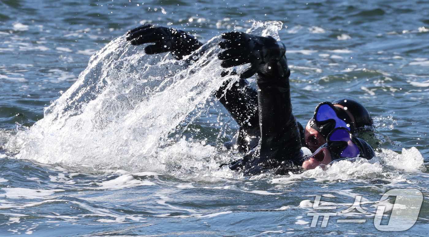 (창원=뉴스1) 윤일지 기자 = 전국적으로 맹추위가 기승을 부린 22일 경남 창원 진해 군항에서 열린 혹한기 내한훈련에서 해군 심해잠수사(SSU)들이 오리발 수영을 하고 있다. ( …