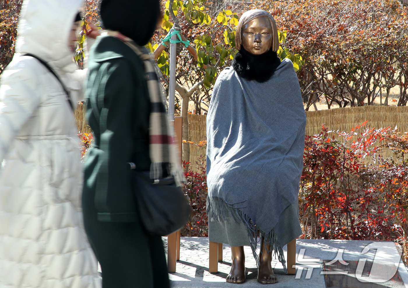 (대구=뉴스1) 공정식 기자 = 올겨울 최강 한파가 몰아친 22일 대구 중구 2.28기념중앙공원 앞 평화의 소녀상에 누군가 망토와 목도리가 둘러놓았다. 2026.1.22/뉴스1