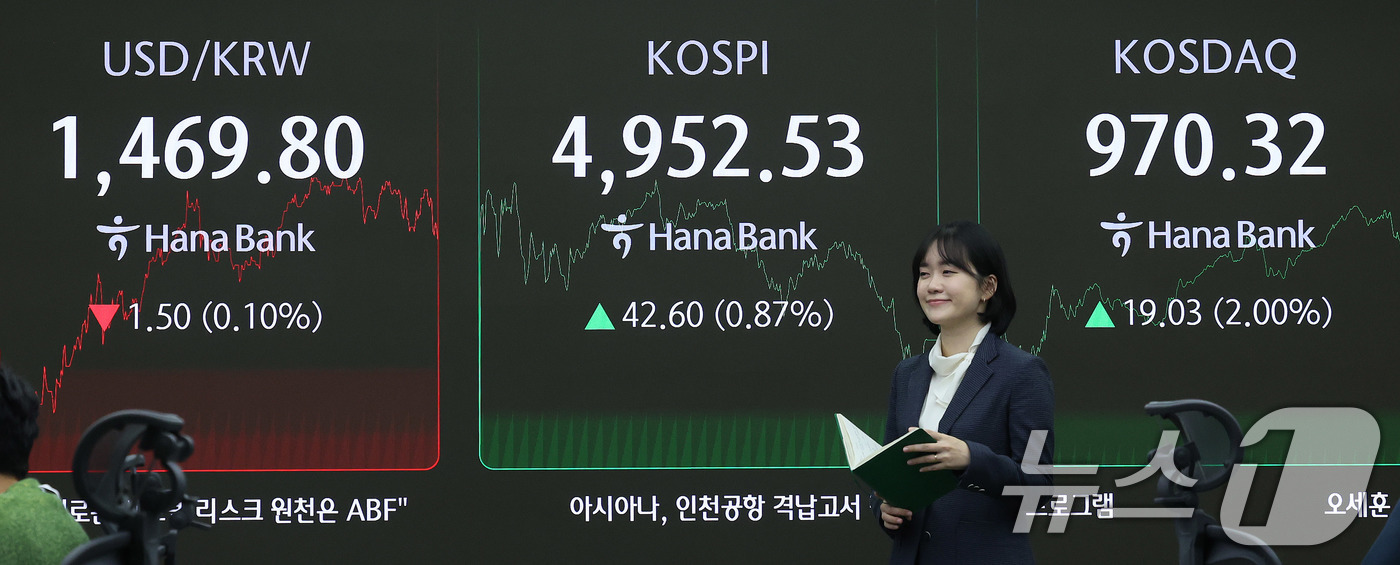 (서울=뉴스1) 박지혜 기자 = 코스피가 장중 사상 처음 5000선을 돌파한 뒤 오름폭을 줄여 4950대에 장을 마친 22일 오후 서울 중구 하나은행 본점 딜링룸 현황판에 코스피지 …