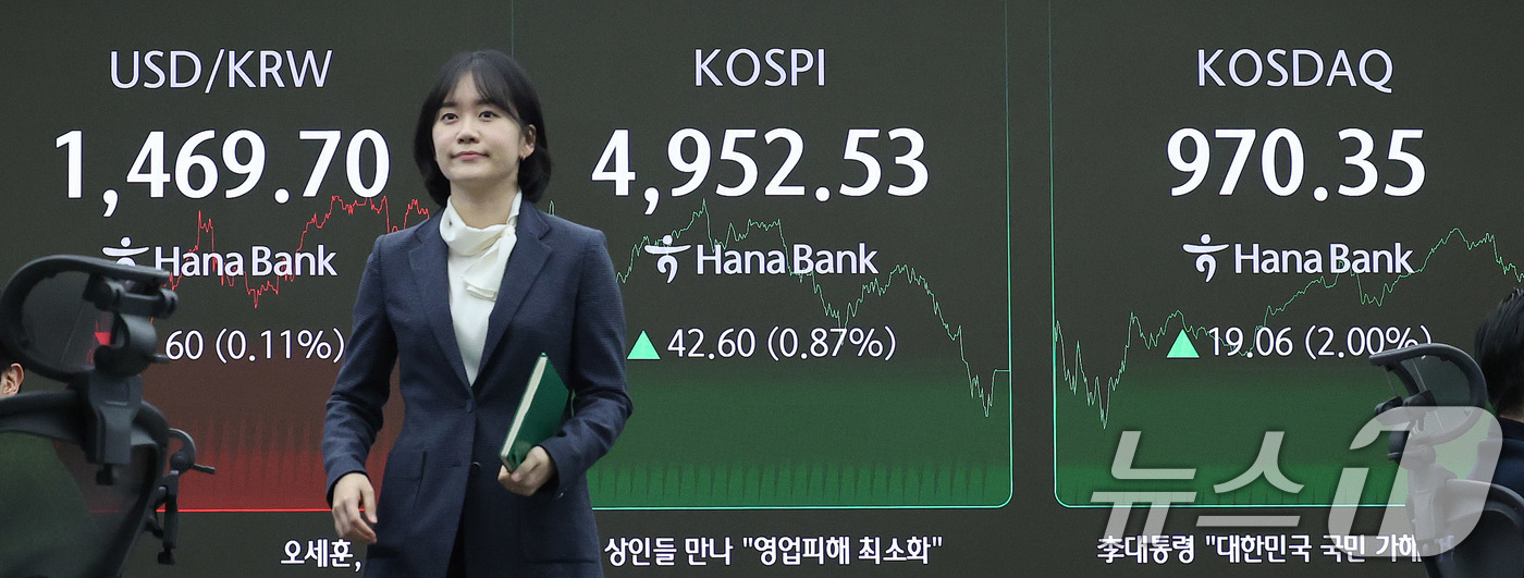 (서울=뉴스1) 박지혜 기자 = 코스피가 장중 사상 처음 5000선을 돌파한 뒤 오름폭을 줄여 4950대에 장을 마친 22일 오후 서울 중구 하나은행 본점 딜링룸 현황판에 코스피지 …