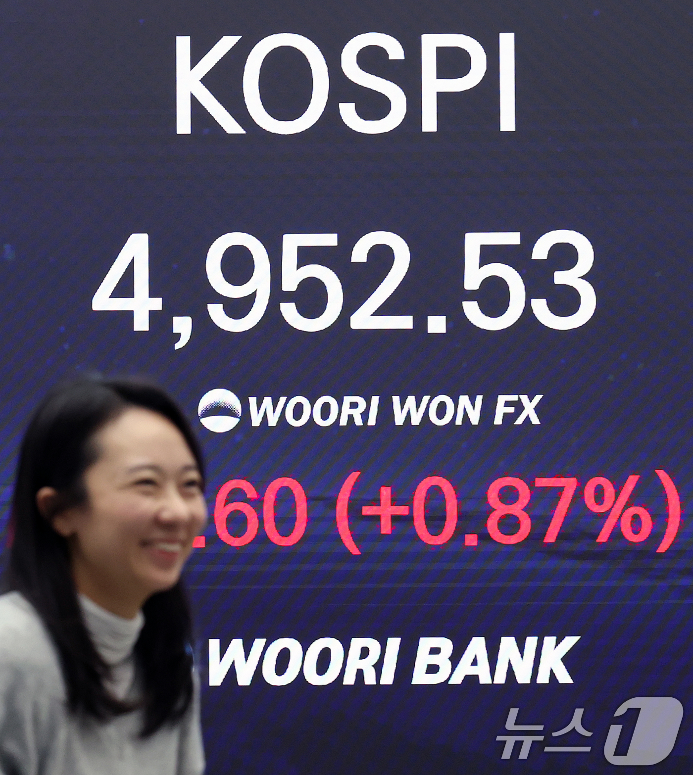 (서울=뉴스1) 오대일 기자 = 한국 증시가 사상 처음으로 장중 5000 돌파 쾌거를 달성한 22일 오후 서울 중구 우리은행 본점 딜링룸 전광판에 종가가 표시되고 있다.이날 코스피 …