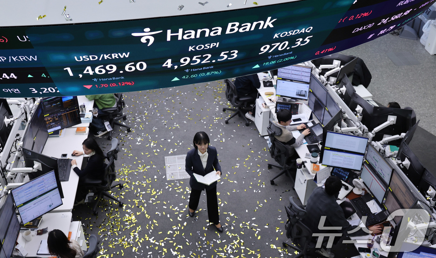 (서울=뉴스1) 박지혜 기자 = 코스피가 장중 사상 처음 5000선을 돌파한 뒤 오름폭을 줄여 4950대에 장을 마친 22일 오후 서울 중구 하나은행 본점 딜링룸 현황판에 코스피지 …