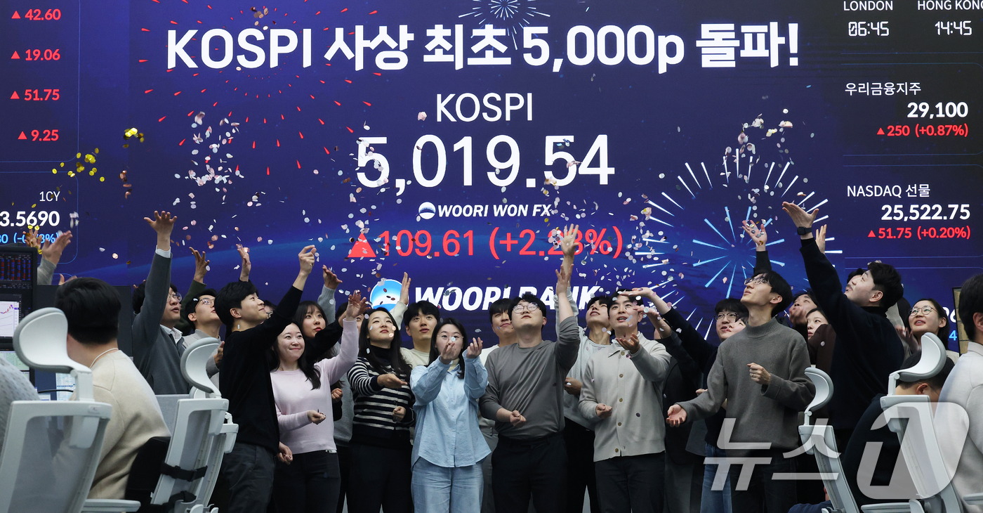 (서울=뉴스1) 오대일 기자 = 한국 증시가 사상 처음으로 '코스피 5000' 쾌거를 달성한 22일 서울 중구 우리은행 본점 딜링룸에서 직원들이 장중 최고가가 찍힌 전광판을 배경으 …