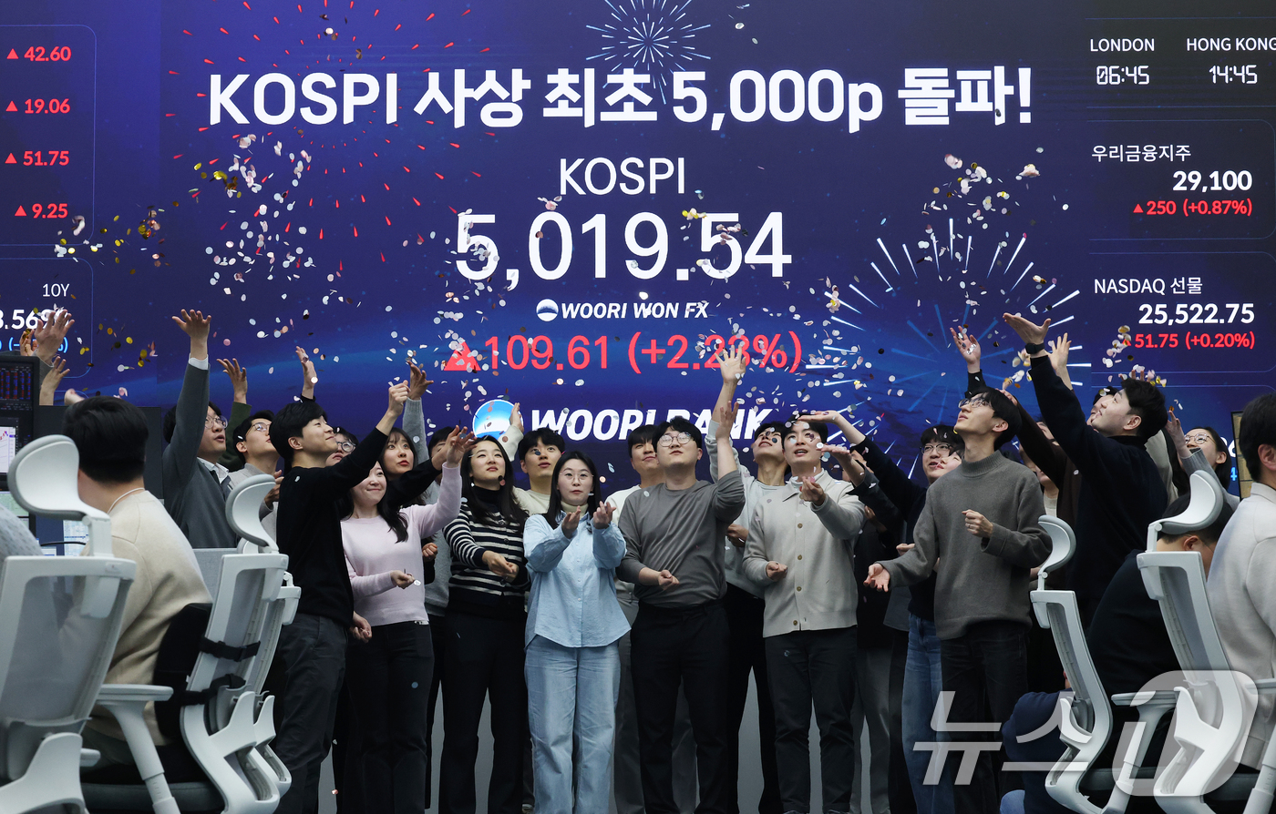 (서울=뉴스1) 오대일 기자 = 한국 증시가 사상 처음으로 '코스피 5000' 쾌거를 달성한 22일 서울 중구 우리은행 본점 딜링룸에서 직원들이 장중 최고가가 찍힌 전광판을 배경으 …