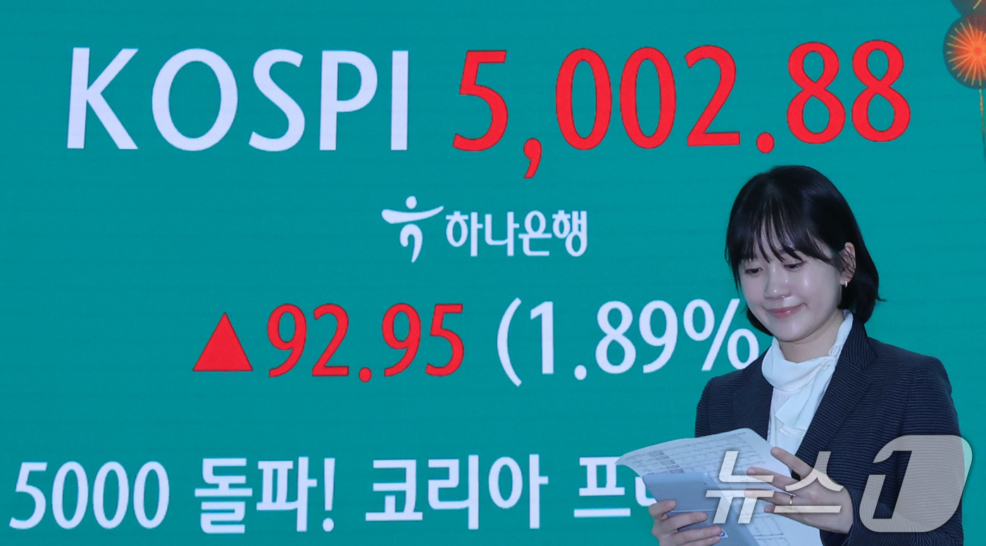(서울=뉴스1) 박지혜 기자 = 코스피가 장중 사상 처음 5000선을 돌파한 22일 오후 서울 중구 하나은행 본점 딜링룸 전광판에 5000돌파 기념 화면이 나타나고 있다. 2026 …