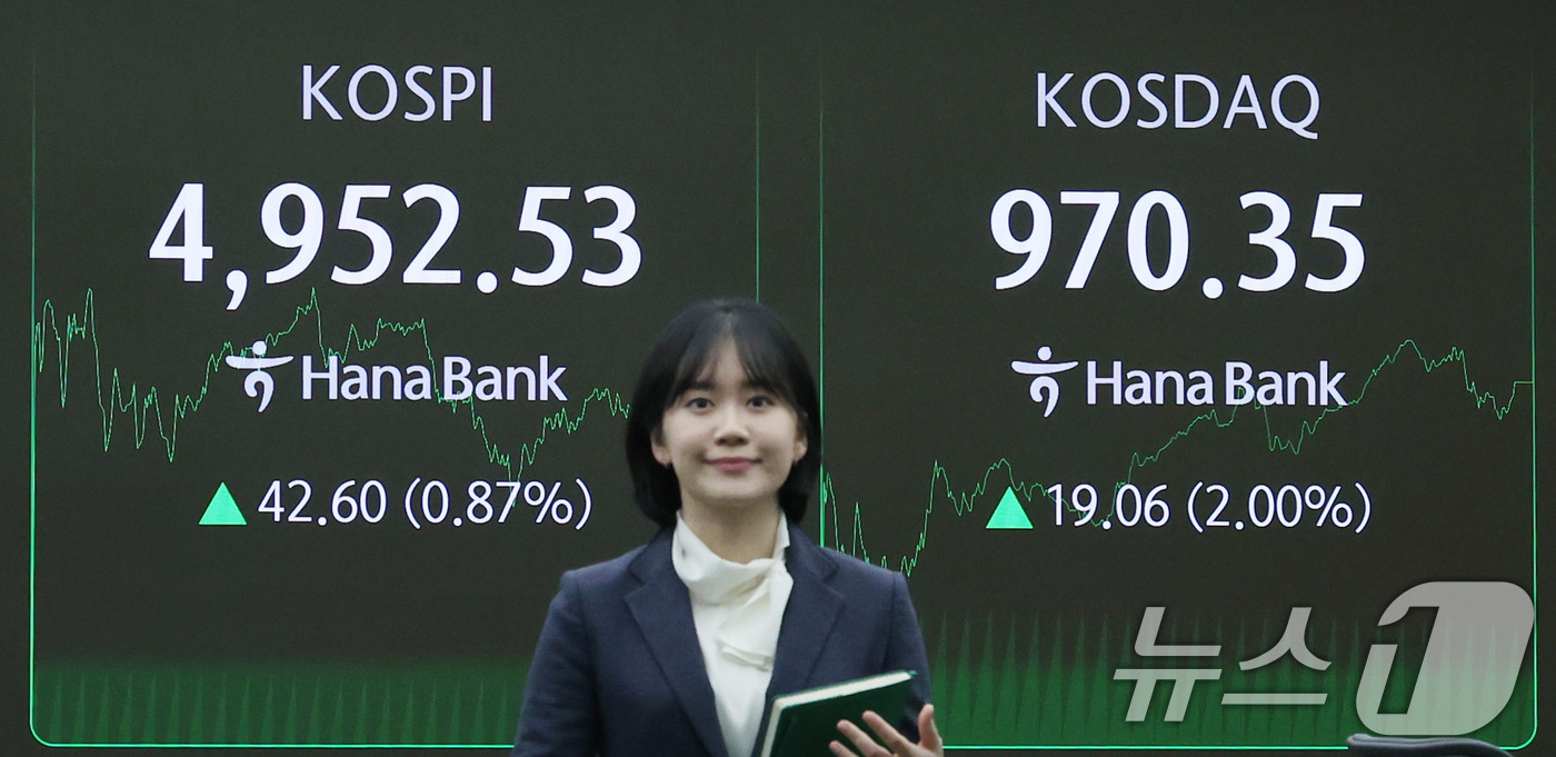 (서울=뉴스1) 박지혜 기자 = 코스피가 장중 사상 처음 5000선을 돌파한 뒤 오름폭을 줄여 4950대에 장을 마친 22일 오후 서울 중구 하나은행 본점 딜링룸 현황판에 코스피지 …