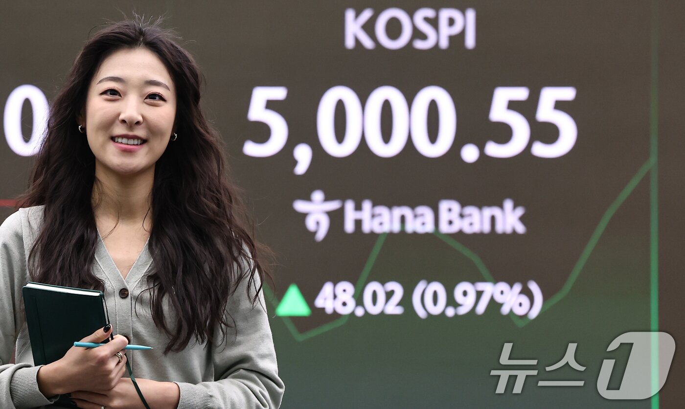 본문 이미지 - 23일 서울 중구 하나은행 딜링룸 전광판에 코스피 시황이 표시되고 있다. 이날 코스피는 전 거래일 대비 31.55p(0.64%) 오른 4952.53, 코스닥은에 6.80p(0.70%) 상승한 977.15에 거래를 시작했다. 2026.1.23/뉴스1 ⓒ News1 김도우 기자