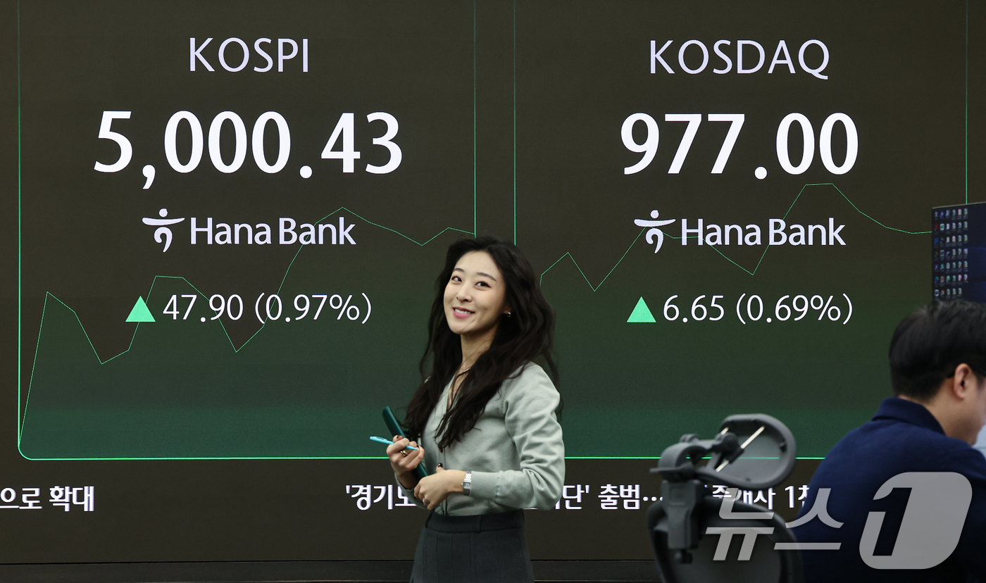 (서울=뉴스1) 김도우 기자 = 23일 서울 중구 하나은행 딜링룸 전광판에 코스피 시황이 표시되고 있다.이날 코스피는 전 거래일 대비 31.55p(0.64%) 오른 4952.53, …