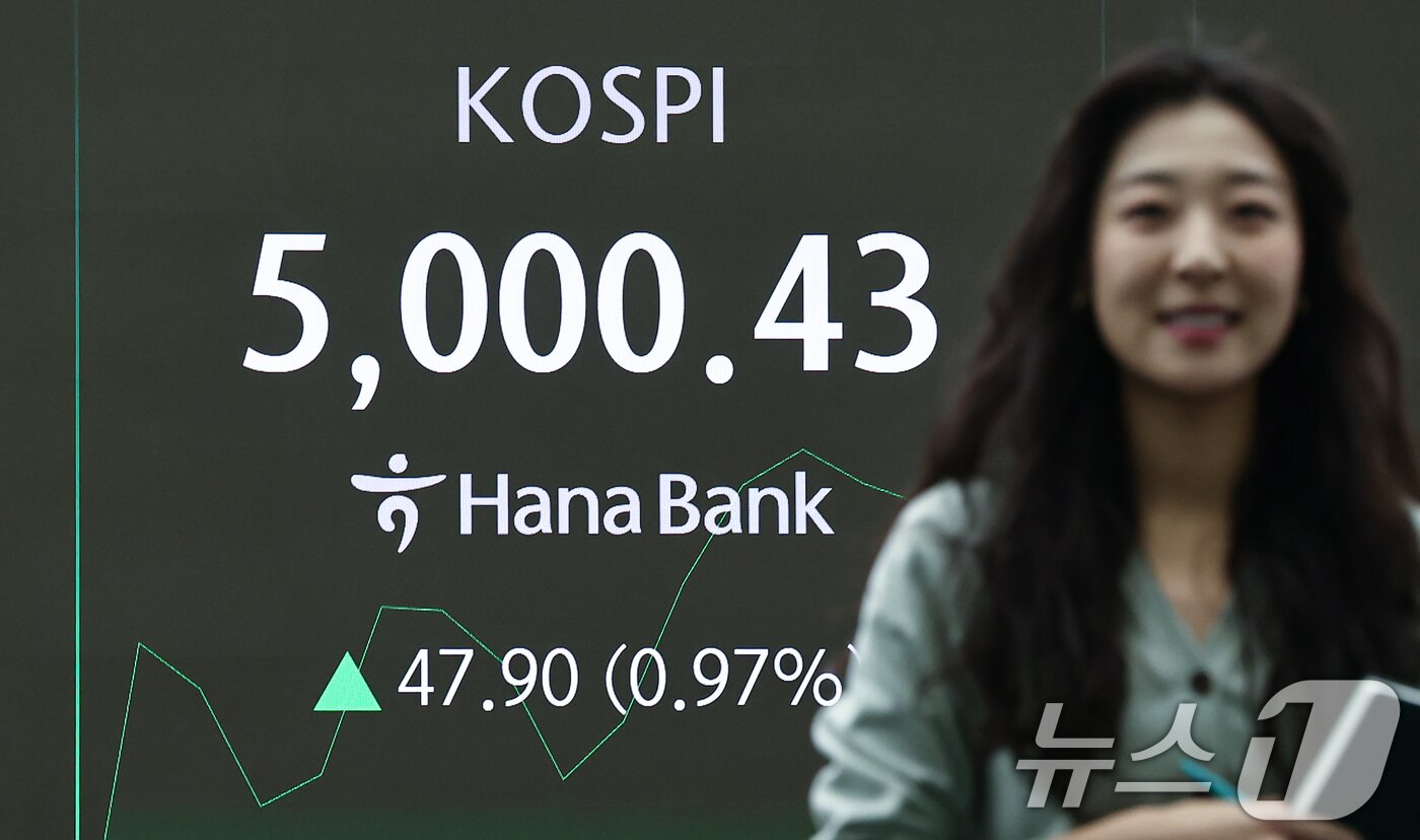 본문 이미지 - 23일 서울 중구 하나은행 딜링룸 전광판에 코스피 시황이 표시되고 있다. 이날 코스피는 전 거래일 대비 31.55p(0.64%) 오른 4952.53, 코스닥은에 6.80p(0.70%) 상승한 977.15에 거래를 시작했다. 2026.1.23/뉴스1 ⓒ News1 김도우 기자