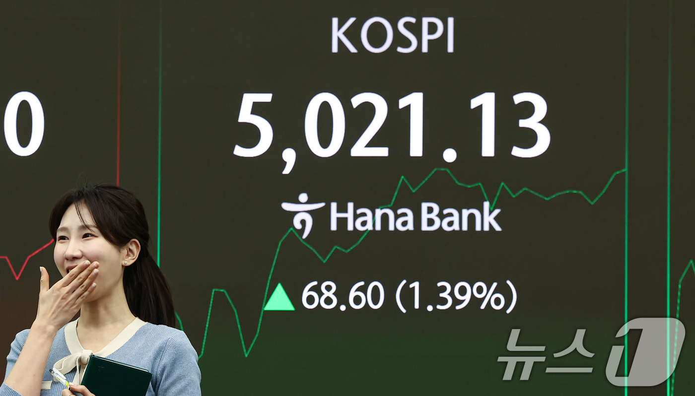 (서울=뉴스1) 김도우 기자 = 23일 서울 중구 하나은행 딜링룸 전광판에 코스피 시황이 표시되고 있다.이날 코스피는 전 거래일 대비 31.55p(0.64%) 오른 4952.53, …