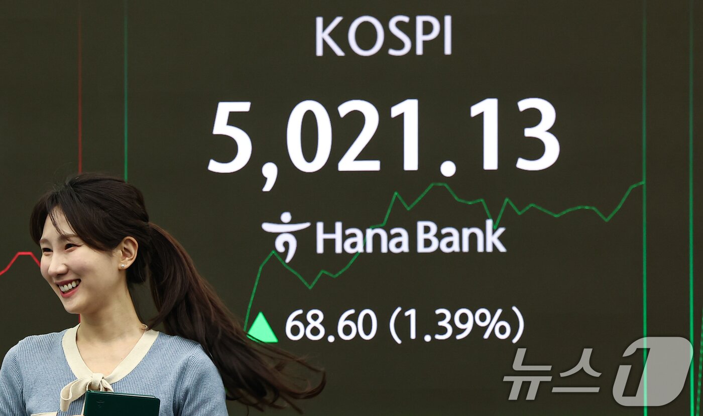 본문 이미지 - 23일 서울 중구 하나은행 딜링룸 전광판에 코스피 시황이 표시되고 있다. 이날 코스피는 전 거래일 대비 31.55p(0.64%) 오른 4952.53, 코스닥은에 6.80p(0.70%) 상승한 977.15에 거래를 시작했다. 2026.1.23/뉴스1 ⓒ News1 김도우 기자