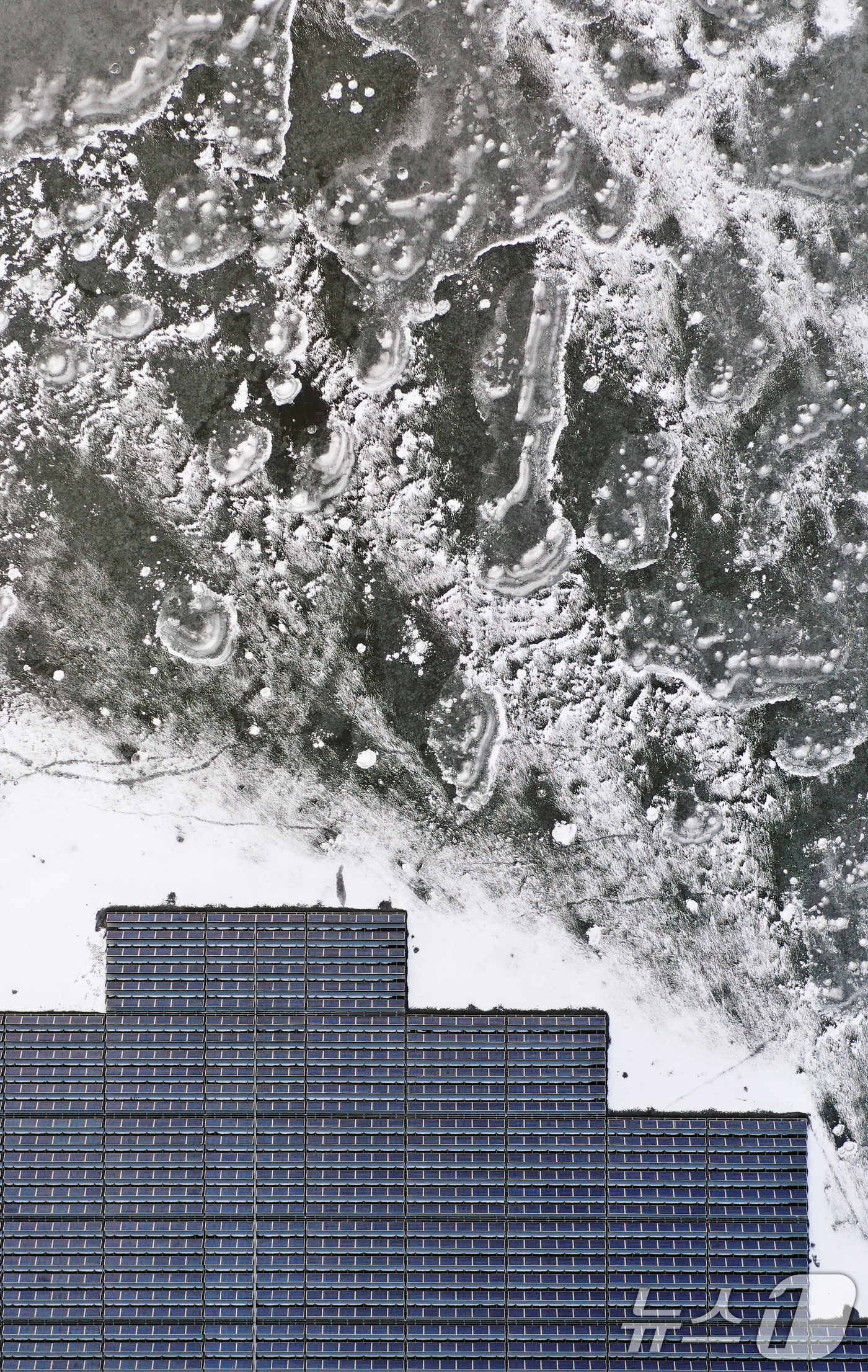 (화성=뉴스1) 김영운 기자 = 연일 북극 한파가 지속되고 있는 23일 경기 화성시 멱우지에 설치된 수상태양광발전소 주변이 얼어 있다. 2026.1.23/뉴스1