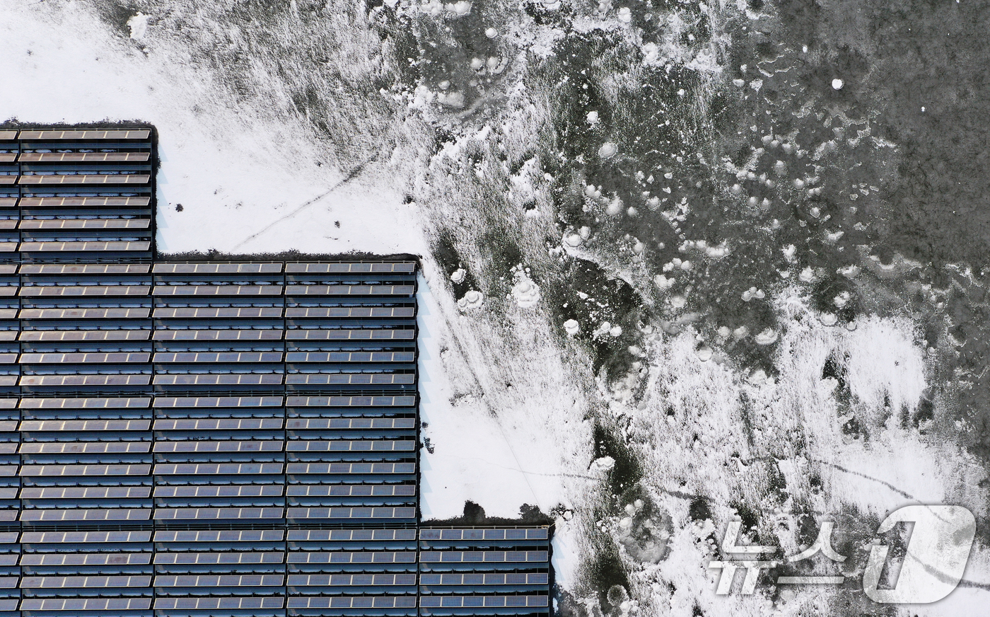 (화성=뉴스1) 김영운 기자 = 연일 북극 한파가 지속되고 있는 23일 경기 화성시 멱우지에 설치된 수상태양광발전소 주변이 얼어 있다. 2026.1.23/뉴스1