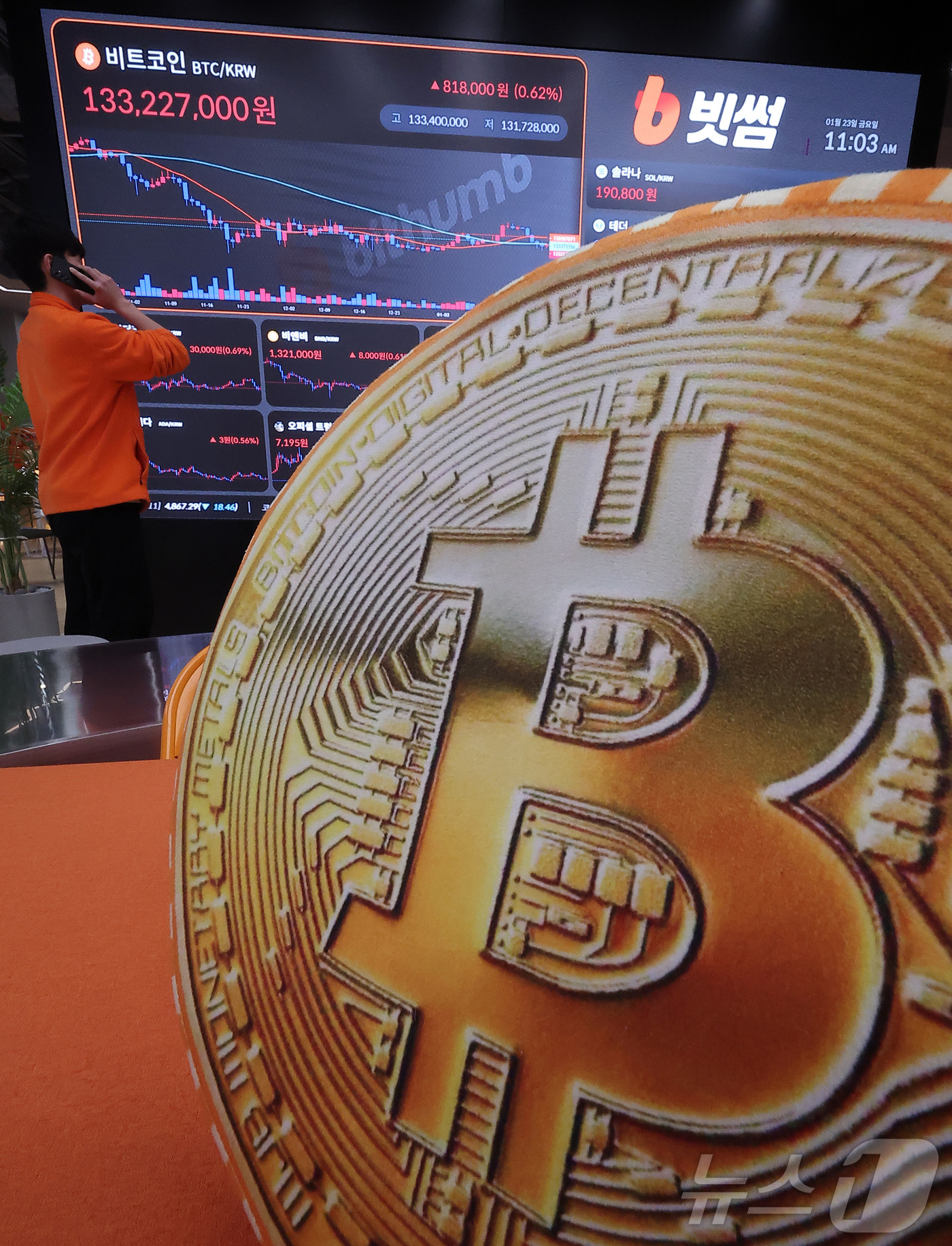 (서울=뉴스1) 김성진 기자 = 그린란드 사태가 진정되고 있음에도 암호화폐가 일제히 하락한 23일 서울 서초구 빗썸라운지 강남본점에서 비트코인 등 가상화폐 거래 가격이 표시되고 있 …