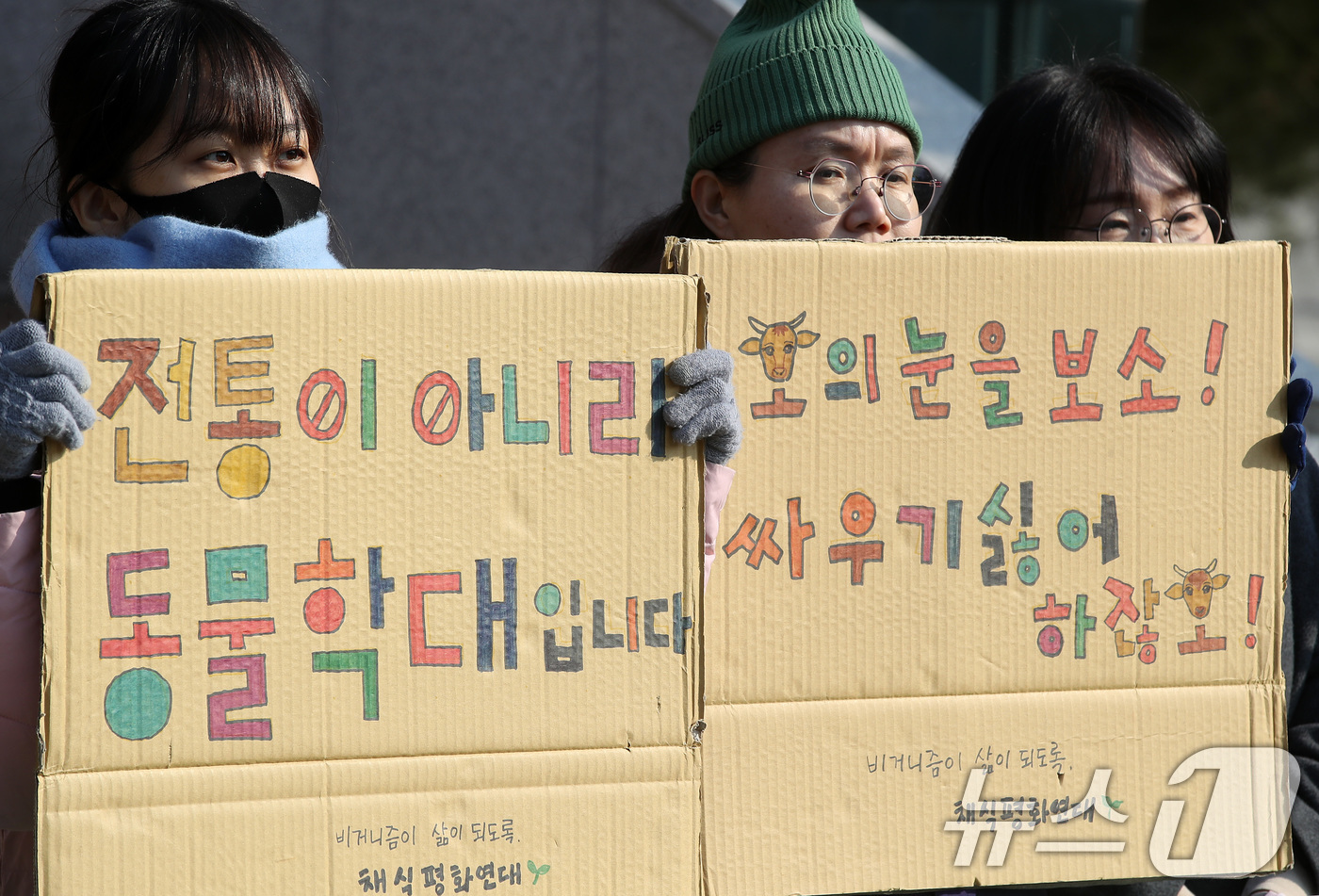 (청도=뉴스1) 공정식 기자 = 녹색당대구시당·대구생명보호연대·동물학대소싸움폐지전국행동 등 시민단체 회원들이 23일 오전 경북 청도군 화양읍 청도소싸움경기장 앞에서 청도소싸움 운영 …