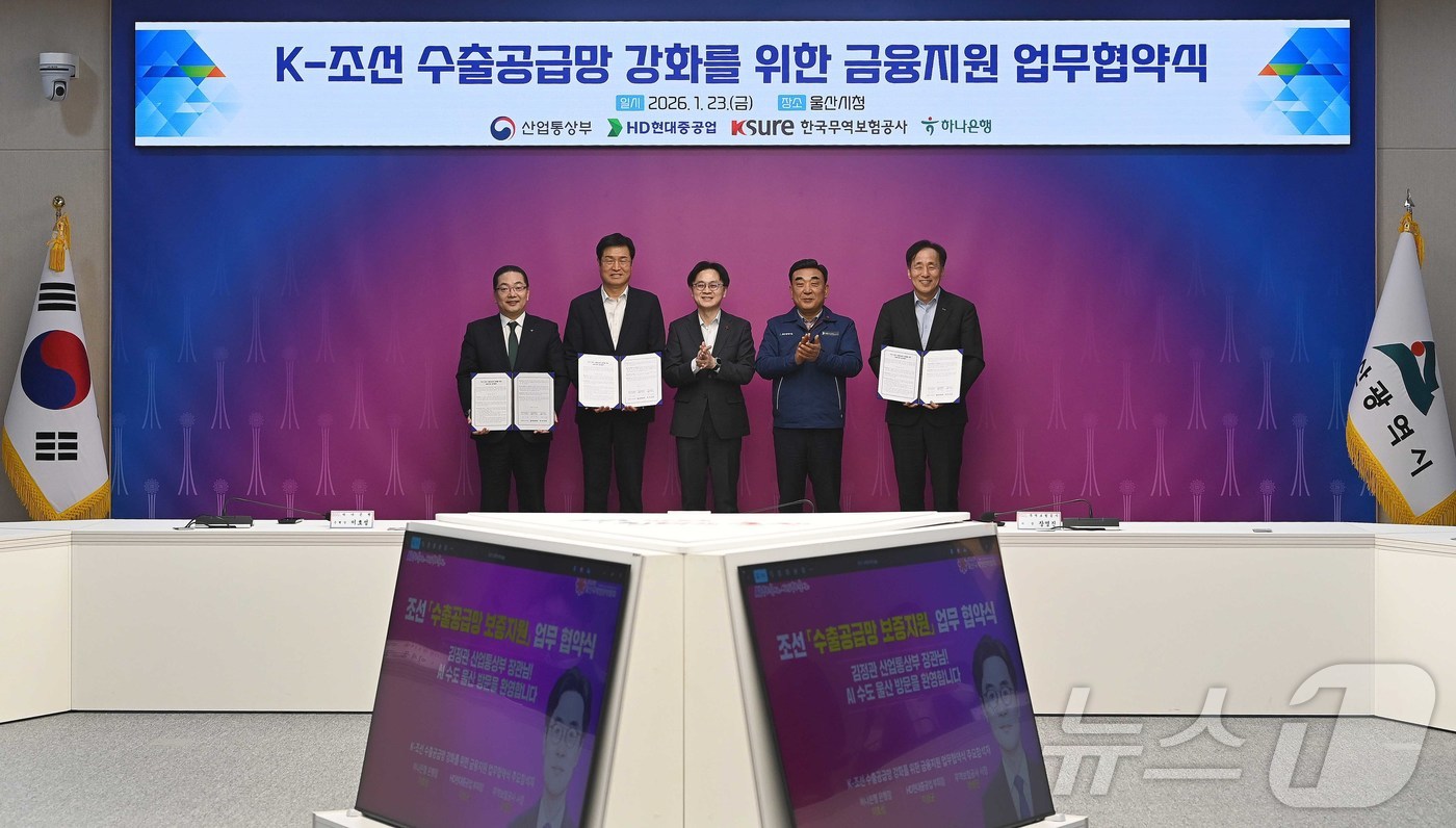 (서울=뉴스1) = 김정관 산업통상부 장관이 23일 오전 울산시청에서 열린 'K-조선 수출공급망 강화를 위한 금융지원 업무협약식'에서 이호성 하나은행장(왼쪽), 이상균 HD현대중공 …