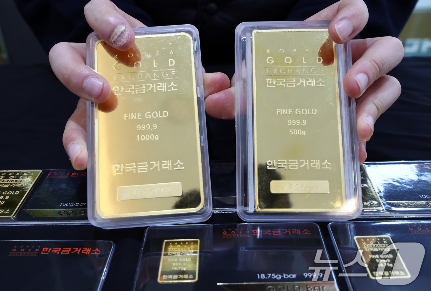 (서울=뉴스1) 최지환 기자 = 국제 금값이 사상 처음으로 온스당 4천900달러를 돌파한 23일 서울 종로구 한국금거래소에서 직원이 골드바를 정리하고 있다. 2026.1.23/뉴스 …