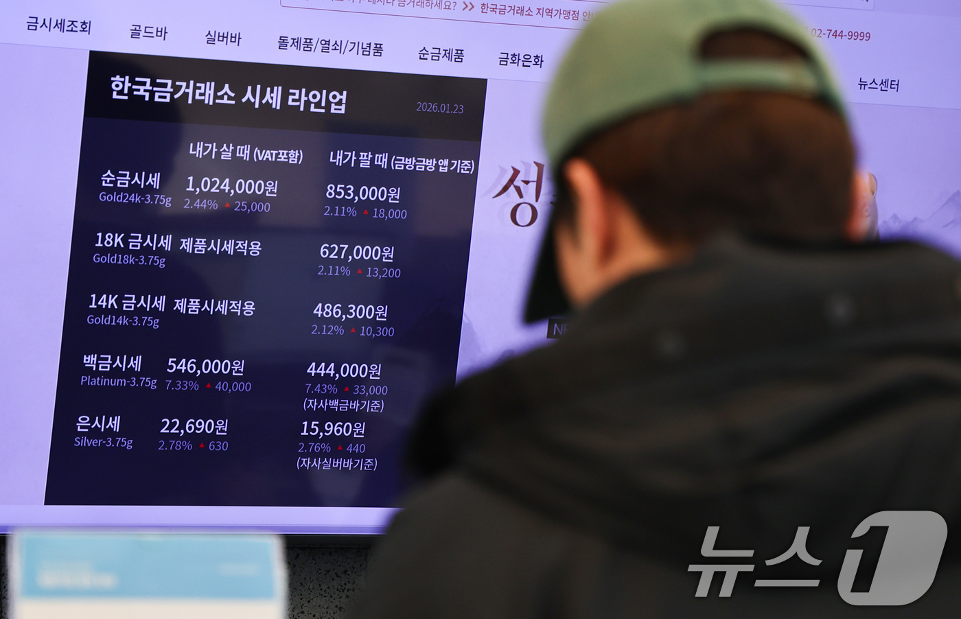 (서울=뉴스1) 최지환 기자 = 국제 금값이 사상 처음으로 온스당 4천900달러를 돌파한 23일 서울 종로구 한국금거래소에 금 시세가 표시되어 있다. 2026.1.23/뉴스1