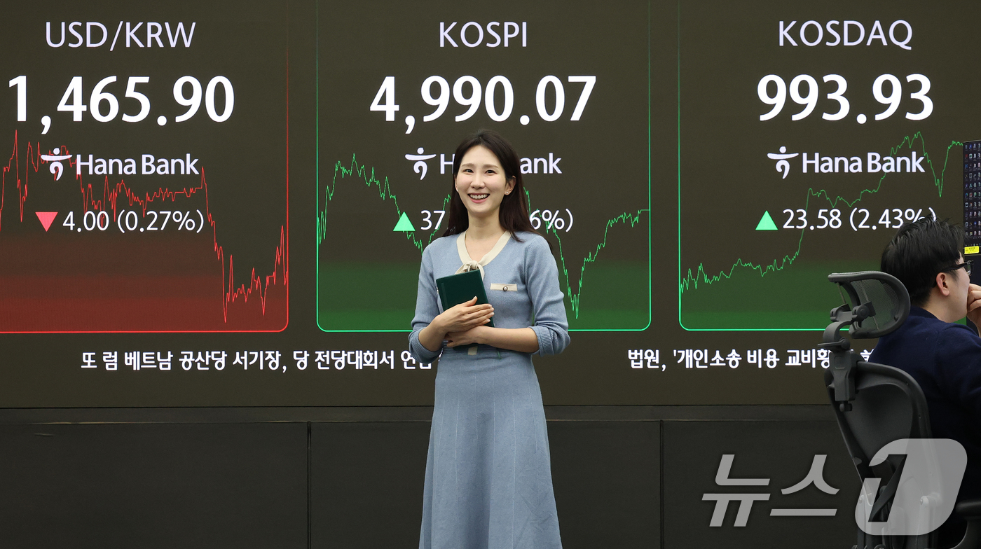 (서울=뉴스1) 오대일 기자 = 코스피 지수가 종가 기준 사상 최고치를 갈아치운 23일 오후 서울 중구 하나은행 본점 딜링룸 전광판에 코스피 종가가 표시되고 있다. 이날 코스피는 …