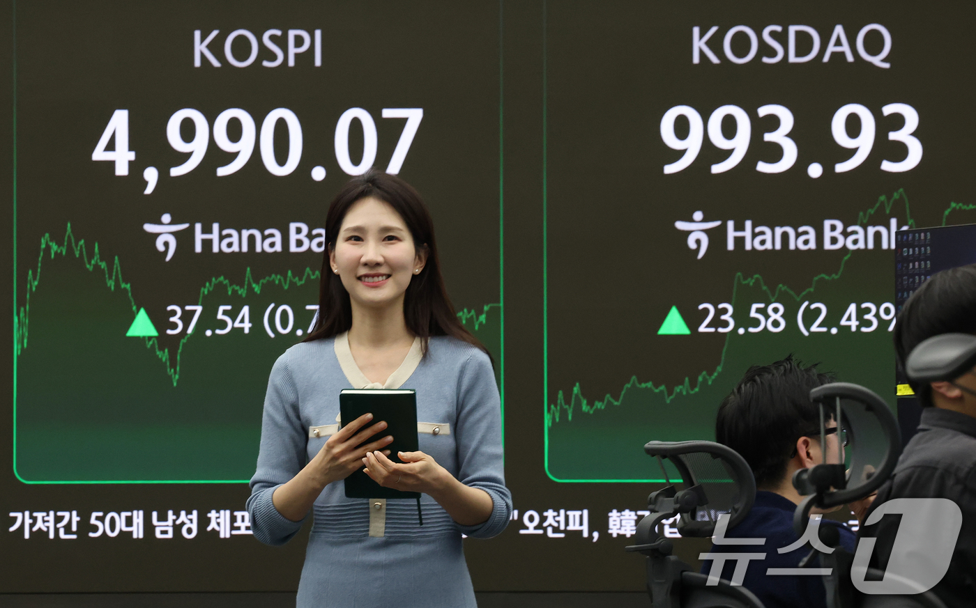 (서울=뉴스1) 오대일 기자 = 코스피 지수가 종가 기준 사상 최고치를 갈아치운 23일 오후 서울 중구 하나은행 본점 딜링룸 전광판에 코스피 종가가 표시되고 있다. 이날 코스피는 …