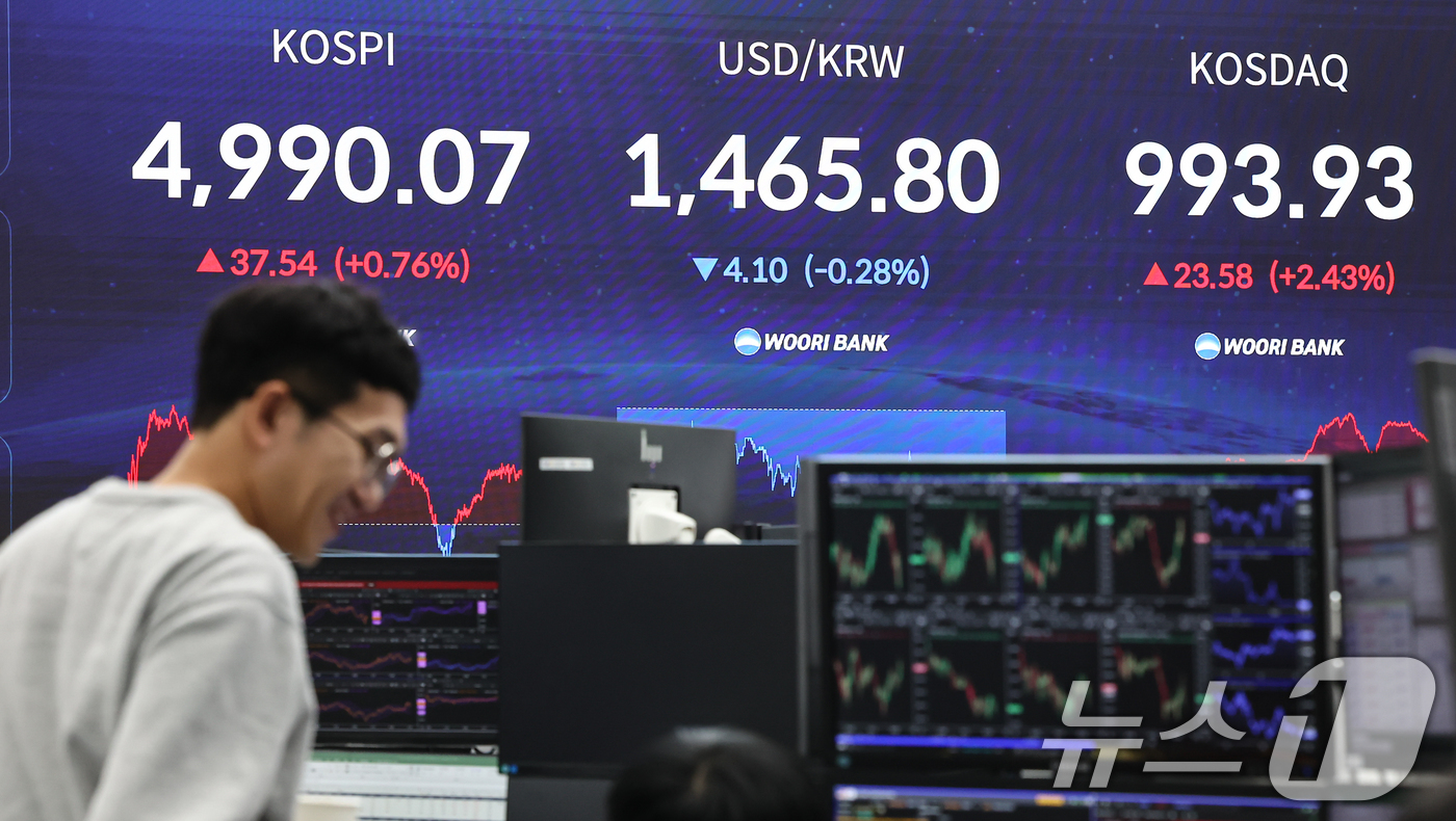 (서울=뉴스1) 김도우 기자 = 23일 서울 중구 우리은행 본점 딜링룸 전광판에 종가가 표시되고 있다.이날 코스피는 전 거래일 대비 37.54.포인트(0.76%) 오른 4990.0 …