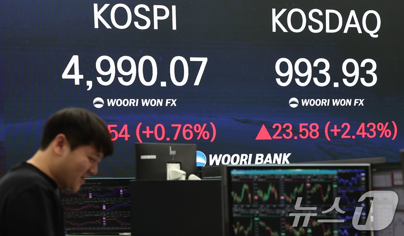 본문 이미지 - 23일 서울 중구 우리은행 본점 딜링룸 전광판에 종가가 표시되고 있다. 이날 코스피는 전 거래일 대비 37.54.포인트(0.76%) 오른 4990.07, 코스닥은 전 거래일 대비 23.58포인트(2.43%)상승한 993.93로 장을 마쳤다. 2026.1.23/뉴스1 ⓒ News1 김도우 기자