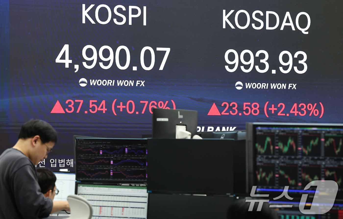 (서울=뉴스1) 김도우 기자 = 23일 서울 중구 우리은행 본점 딜링룸 전광판에 종가가 표시되고 있다.이날 코스피는 전 거래일 대비 37.54.포인트(0.76%) 오른 4990.0 …
