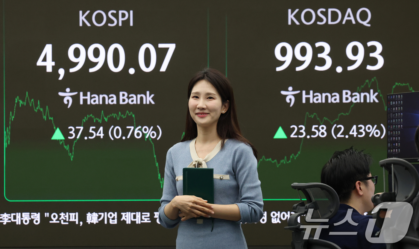 (서울=뉴스1) 오대일 기자 = 코스피 지수가 종가 기준 사상 최고치를 갈아치운 23일 오후 서울 중구 하나은행 본점 딜링룸 전광판에 코스피 종가가 표시되고 있다. 이날 코스피는 …