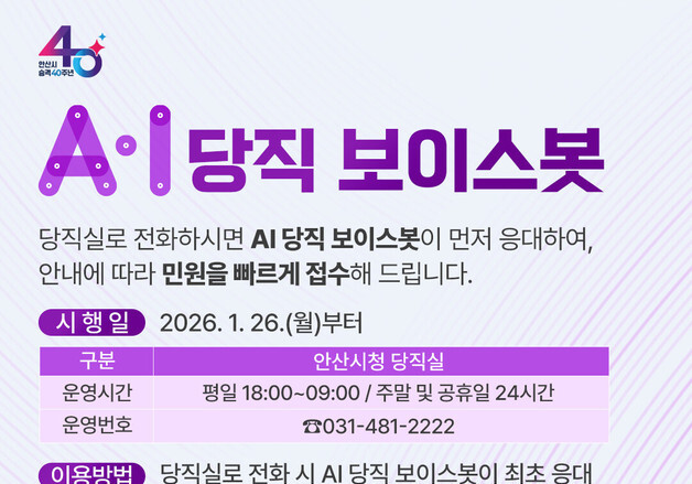안산시, 26일부터 'AI 당직 보이스봇' 운영…평일야간·주말·공휴일