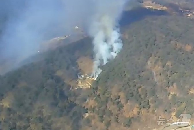 (영주=뉴스1) 이성덕 기자 = 24일 오전 10시25분쯤 경북 영주시 풍기읍의 한 고택에서 불이 나 인근 야산으로 번지고 있어 당국이 헬기 11대를 투입해 진화 중이다.(경북소방 …