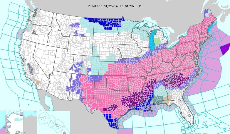 본문 이미지 - 미국 보라색은 얼음 폭풍 경보, 분홍색은 겨울 폭풍 경보, 파란색은 겨울 날씨 주의보. (미국 기상청)