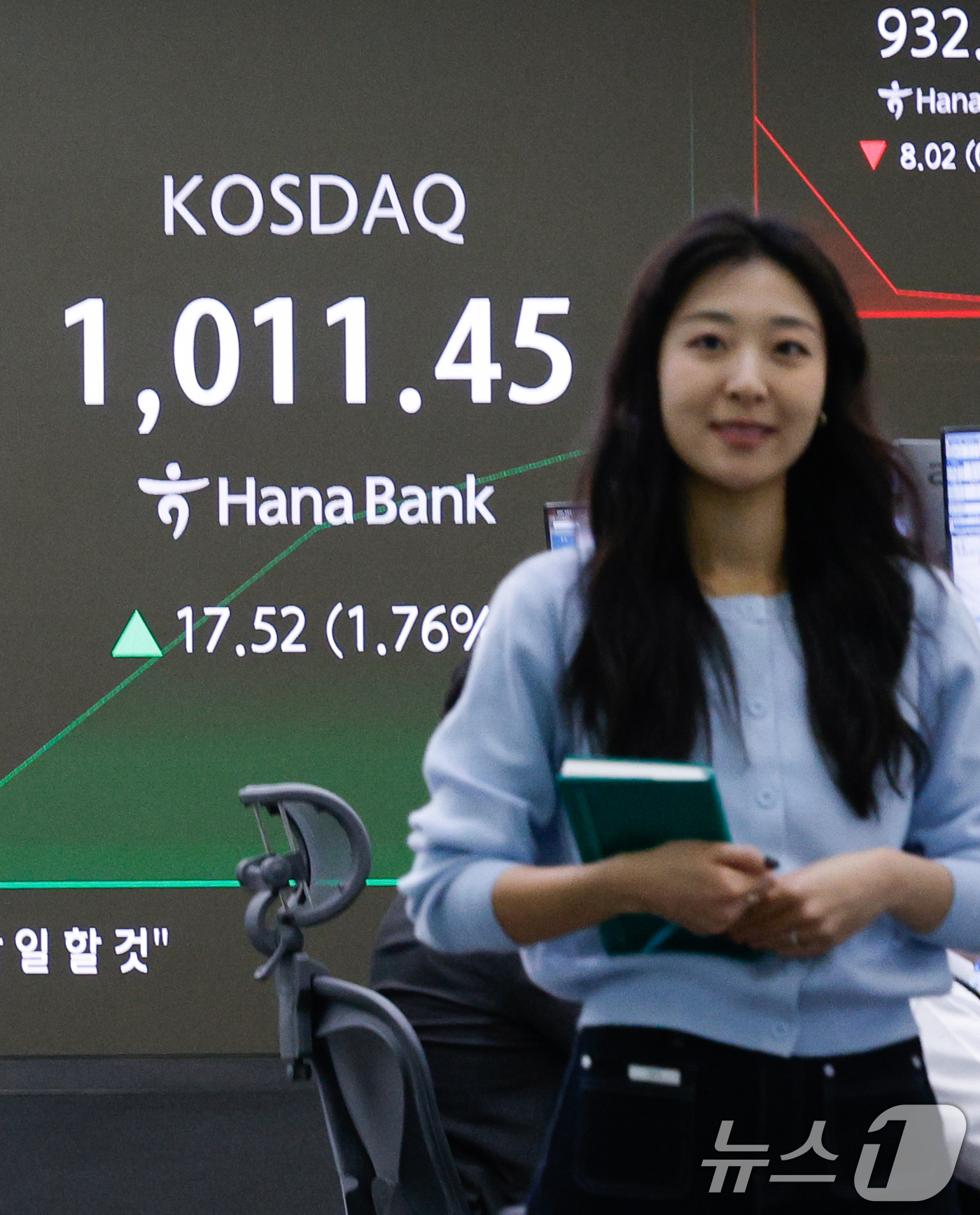 (서울=뉴스1) 안은나 기자 = 26일 오전 서울 중구 하나은행 딜링룸 전광판에 코스피, 코스닥, 원·달러 환율 시황이 나오고 있다.이날 코스닥 지수가 4년 만에 '천스닥'을 돌파 …