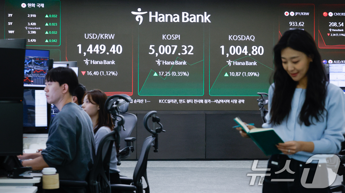 (서울=뉴스1) 안은나 기자 = 26일 오전 서울 중구 하나은행 딜링룸에서 딜러들이 업무를 보고 있다.이날 코스닥 지수가 4년 만에 '천스닥'을 돌파, 1% 오른 1003.9에 출 …