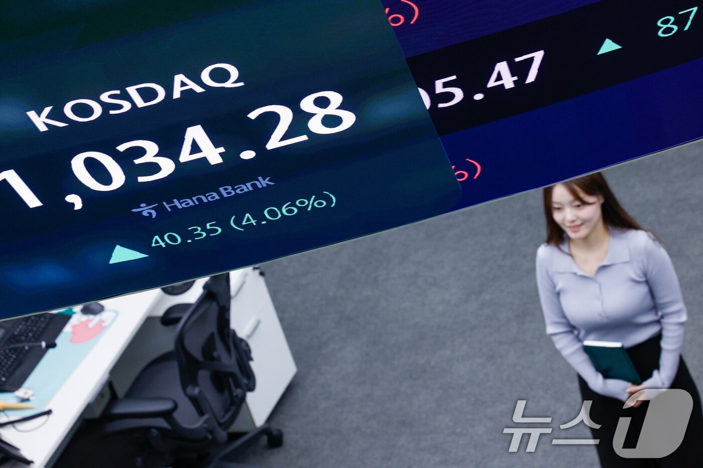 본문 이미지 - 26일 오전 서울 중구 하나은행 딜링룸 전공판에 코스닥 지수가 나오고 있다. 2026.1.26/뉴스1 ⓒ News1 안은나 기자