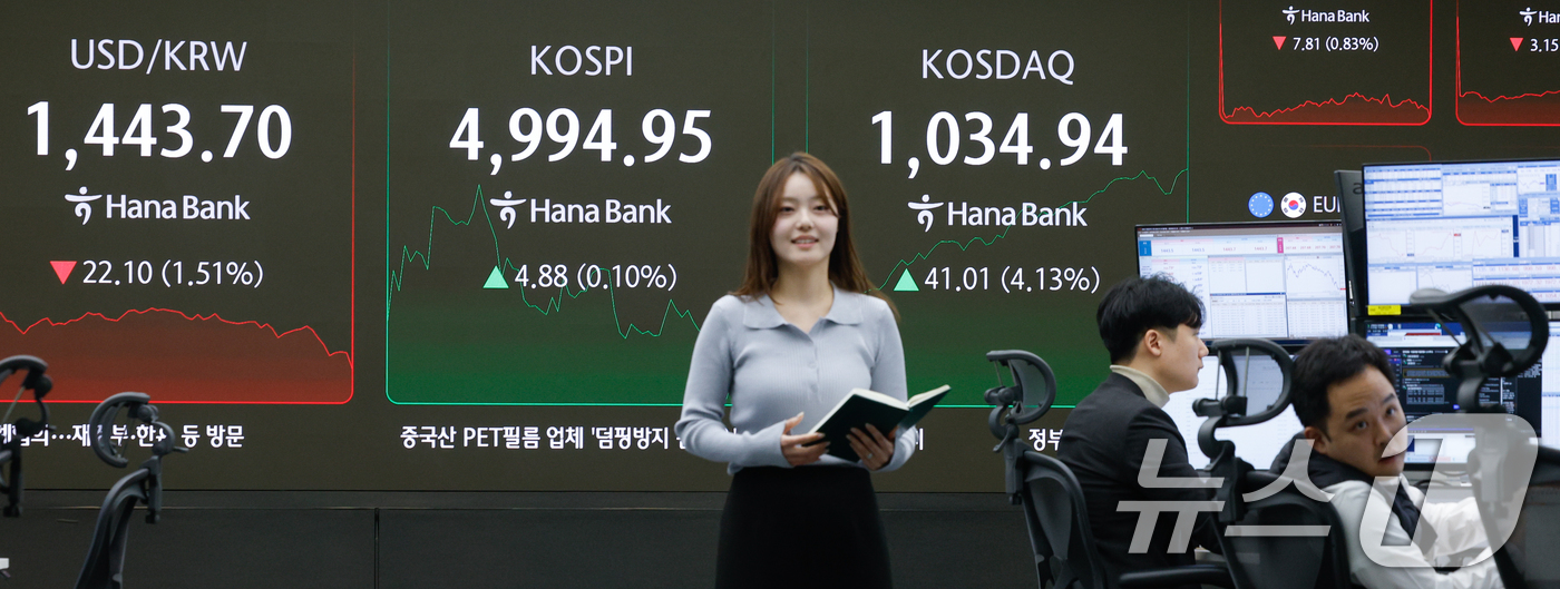 (서울=뉴스1) 안은나 기자 = 코스닥이 4년 만에 '천스닥'을 돌파한 가운데 4%대 급등으로 8개월 만에 매수 사이드카가 발동한 26일 오전 서울 중구 하나은행 딜링룸 전공판에 …