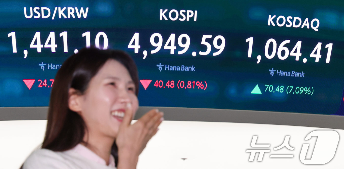 (서울=뉴스1) 안은나 기자 = 코스닥 지수가 장중 7% 넘게 급등하며 닷컴버블 이후 사상 최고치를 돌파한 26일 오후 서울 중구 하나은행 딜링룸 전광판에 코스닥 종가가 나오고 있 …